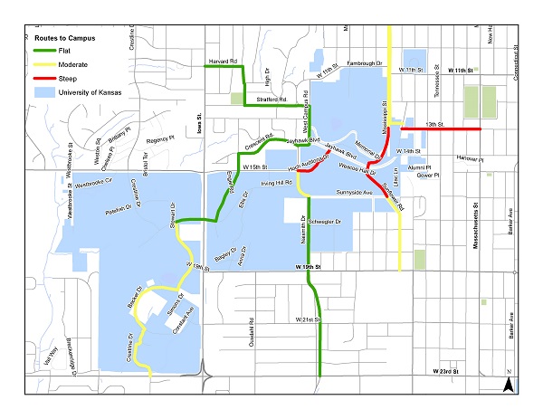 Map of bike routes to campus. See below for description.