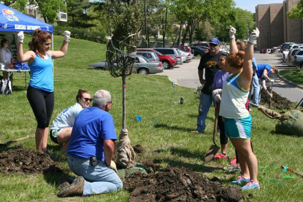 Group of people around a hole where they will place a small tree sitting nearby.