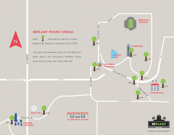 Map showing the location of tree planting locations over the years. One on West Campanile Road, Two by Campanile, One by Chi Omega Fountain, Two by Jayhawk Blvd, One by Faser Hall, One by Sunflower Road, One by Daisy Hill and One by Pioneer Cemetary.