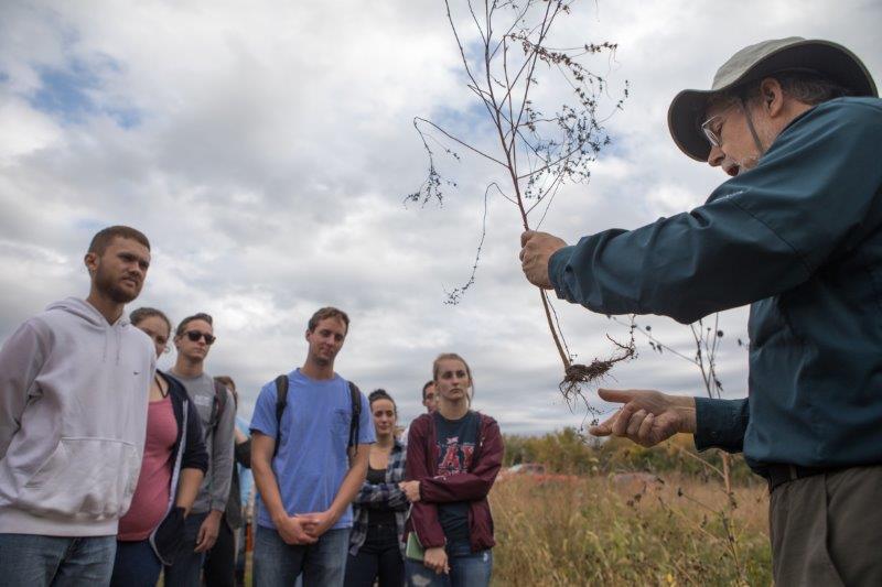 White male faculty member holding a plant and showing the roots to a group of students.