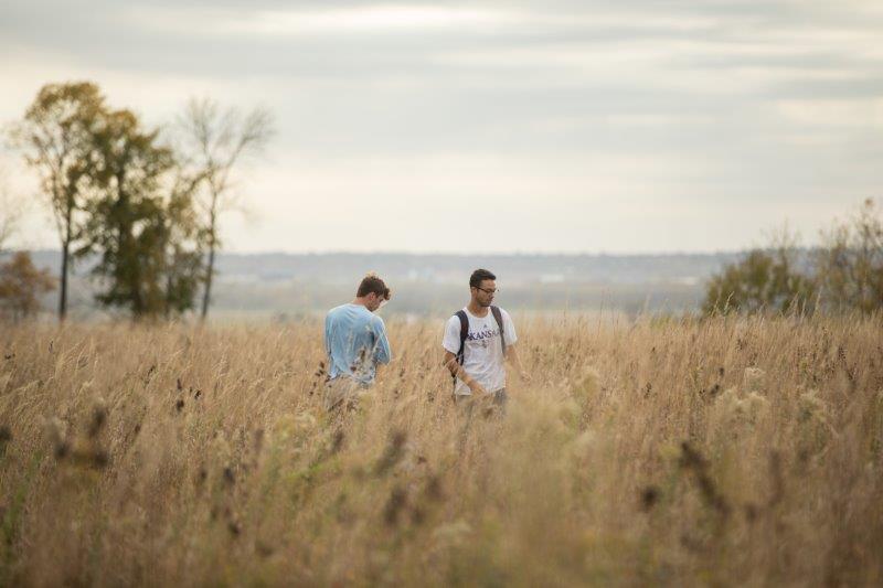 Two male students standing in waist-high grass in Prairie Acres.