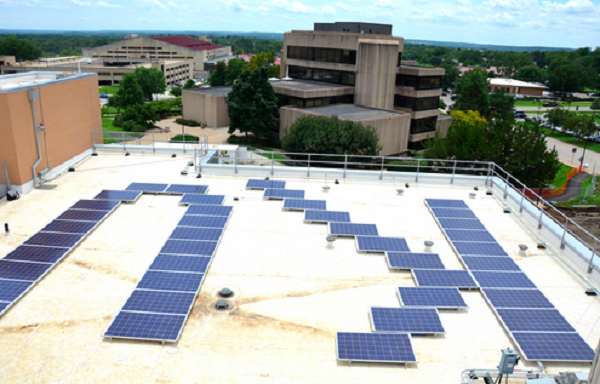 Solar panels in shape of "KU" on roof of M2SEC building